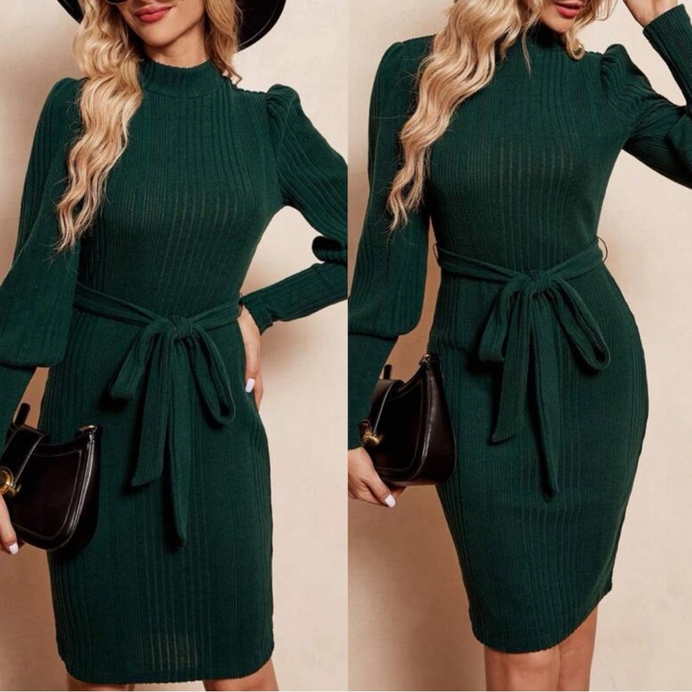 Classic Green Ribbed High Neck Belted Long sleeve Dress